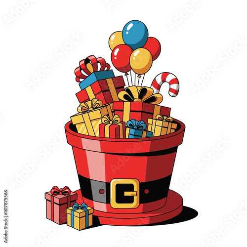 Red Santa hat overflowing with wrapped gifts balloons and candy cane on white background Christmas presents