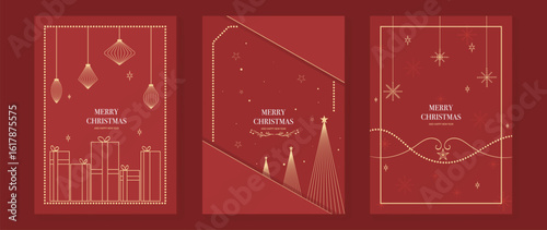 Christmas greeting card vector poster set. Happy new year background template with gold line christmas tree bauble snowflake gift and art deco element. Design for season holidays, cover, poster.