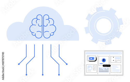 Brain embedded in a cloud with connecting data lines, next to a gear and dashboard. Ideal for AI, machine learning, cloud computing, data analysis, automation, technology innovation. Minimalist flat