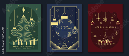 Christmas greeting card vector poster set. Happy new year background template with gold line christmas tree bauble gift snowflake holly and art deco element. Design for season holidays, cover, poster.