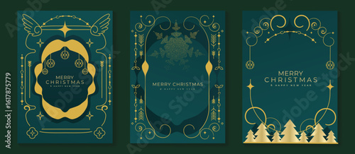 Christmas greeting card vector poster set. Happy new year background template with gold line christmas tree wing snowflake spot texture and art deco element. Design for season holidays, cover, poster.