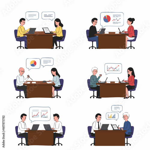 Business professionals engaging in various office meetings, collaborating, discussing data, and analyzing reports with laptops.