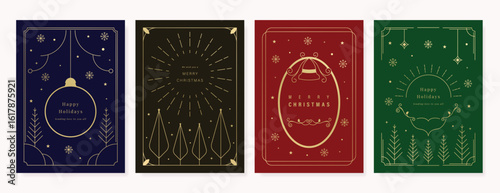 Christmas greeting card vector poster set. Happy new year background template with gold line christmas tree snowflake bauble and art deco element. Design for season holidays, cover, poster.