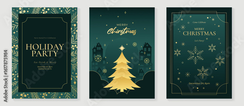 Christmas greeting card vector poster set. Happy new year background template with gold line christmas tree snowflake house pine leaves and art deco element. Design for season holidays, cover, poster.