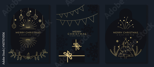Christmas greeting card vector poster set. Happy new year background template with gold line christmas tree bauble holly gift and art deco element. Design for season holidays, cover, poster.