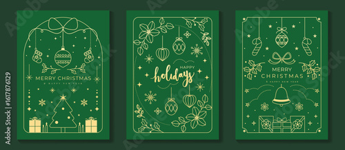 Christmas greeting card vector poster set. Happy new year background template with gold line christmas tree bauble gift candy cane and art deco element. Design for season holidays, cover, poster.