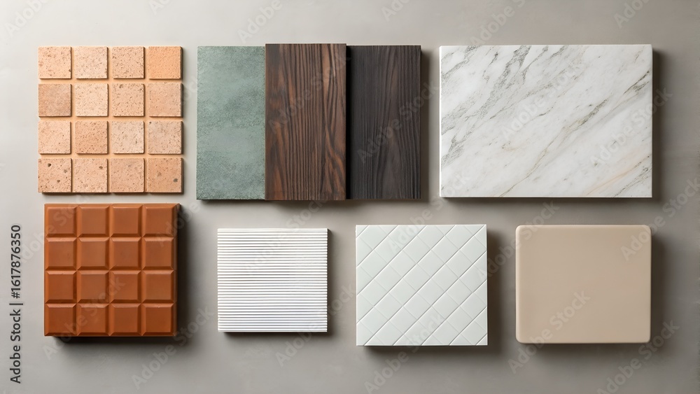 Fototapeta premium Discover luxurious materials: stone, wood, marble, and tile samples