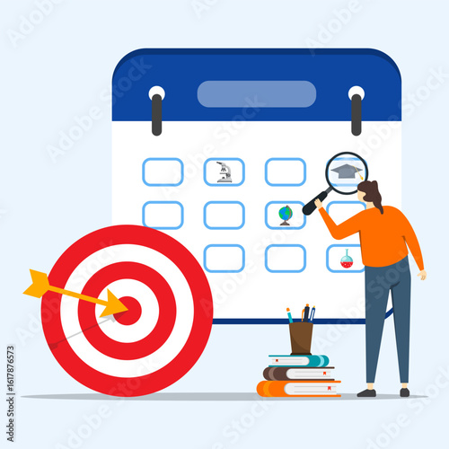Concept of study target. Man of student looking way to graduation on calendar for his education. Personal study plan.