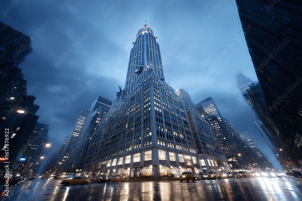 Obraz premium Dramatic urban landscape at night, featuring towering skyscrapers and city lights reflecting off a wet street. Captures the energy and ambition of city life.