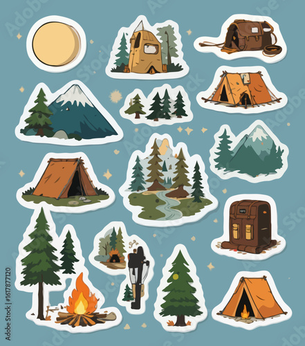 Vector sticker set of camping and travel icons with winter holiday illustrations, perfect for nature tourism design