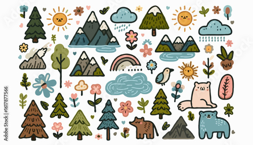 Vector sticker set of camping and travel icons with winter holiday illustrations, perfect for nature tourism design