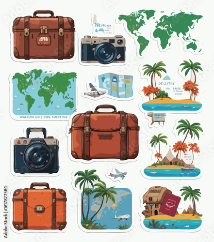 A collection of flat-style travel stickers