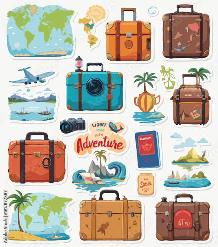 A collection of flat-style travel stickers