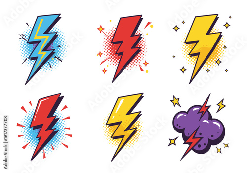 Collection of Colorful Cartoon Lightning Bolt Illustrations with Comic Book Style Effects