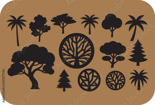 Collection of silhouetted trees including palm trees and evergreen conifers on a textured brown background