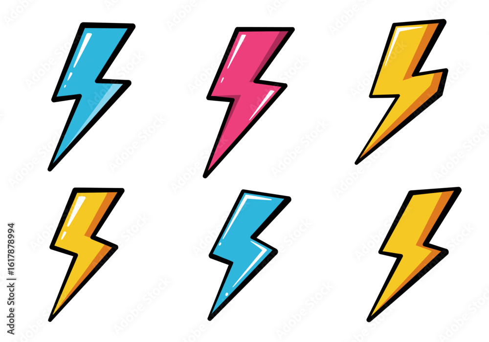 Colorful Cartoon Lightning Bolts with Black Outlines on White Background Colorful Cartoon Lightning Bolts with Black Outlines on White Background