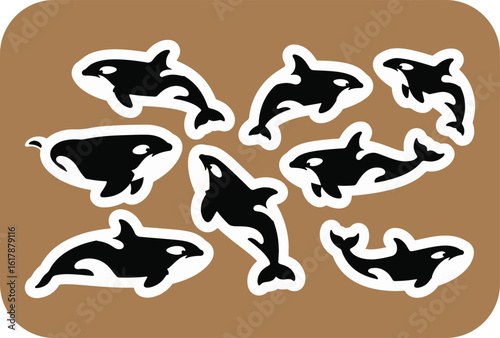 A charming collection of stylized black and white killer whales orcas depicted in various playful poses against a warm brown background