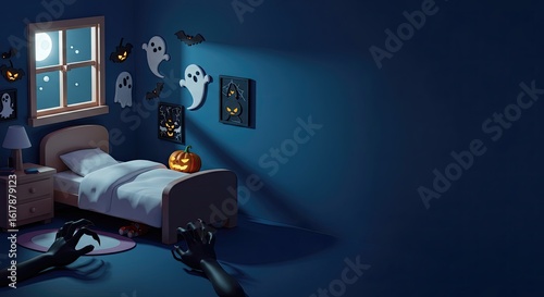 Scary Halloween bedroom nightmare. Monster hands bring nightmare to vivid life