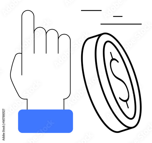 Hand pointing up with a coin in motion featuring a dollar sign, conveying finance, investment, success, decision-making. Ideal for fintech, savings, earnings, banking money growth budget guide