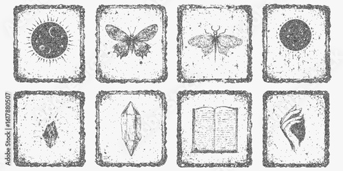 Collection of shapes with a different design. Vintage drawing with stipple technique, halftone pattern and classic threshold marks like an old print.
