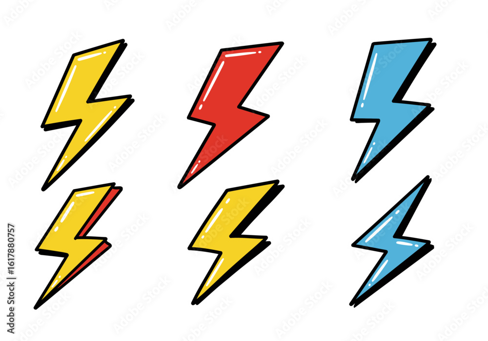 Colorful Cartoon Lightning Bolts with Black Outlines on White Background Colorful Cartoon Lightning Bolts with Black Outlines on White Background