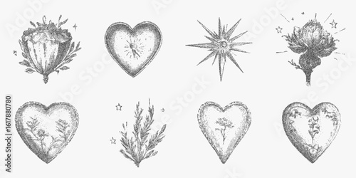 Set of different hearts and stars. Retro illustration using halftone dots, photocopy noise and aged threshold transitions.