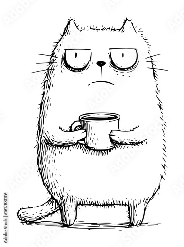 Tired fluffy cat with a mug of coffee stands on its hind legs dissatisfied
