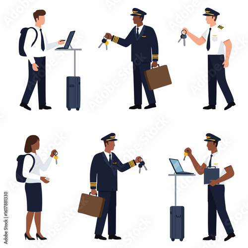 Illustrations of diverse pilots and travelers engaged in professional duties, handling keys, luggage, and laptops, depicting concepts of aviation, hotel services, and global mobility.