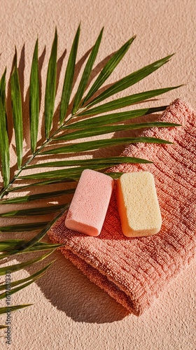 Pink & Yellow Sponges on Pink Towel with Palm Leaf - Tropical Bath Product Display