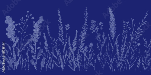 Blue background with a bunch of white flowers. Simple stipple drawing with vintage paper grain, dotted halftone overlay, photocopy inspired contrast.