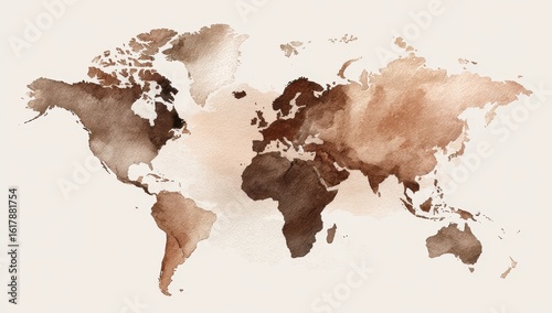 Watercolor world map, muted browns and beige