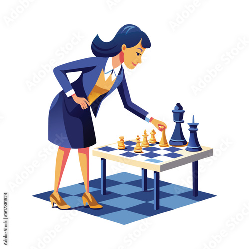 Confident woman boss strategically placing chess pieces on board, symbolizing leadership, decision-making, business strategy, empowerment, corporate success, and professional growth illustration.