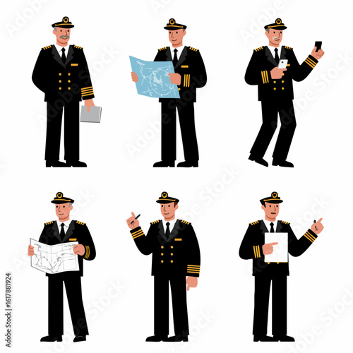 Set of diverse male captains in uniform performing various professional tasks and actions, including navigation and communication.
