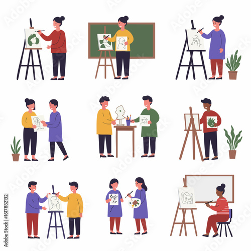 Collection of diverse people engaged in various art activities, including painting, drawing, and sculpting, showcasing creativity and learning in an artistic environment.
