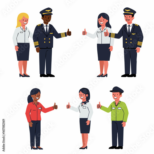 Diverse airline and airport staff, including pilots and flight attendants, confidently give thumbs-up gestures, symbolizing excellent service and teamwork in the aviation industry.