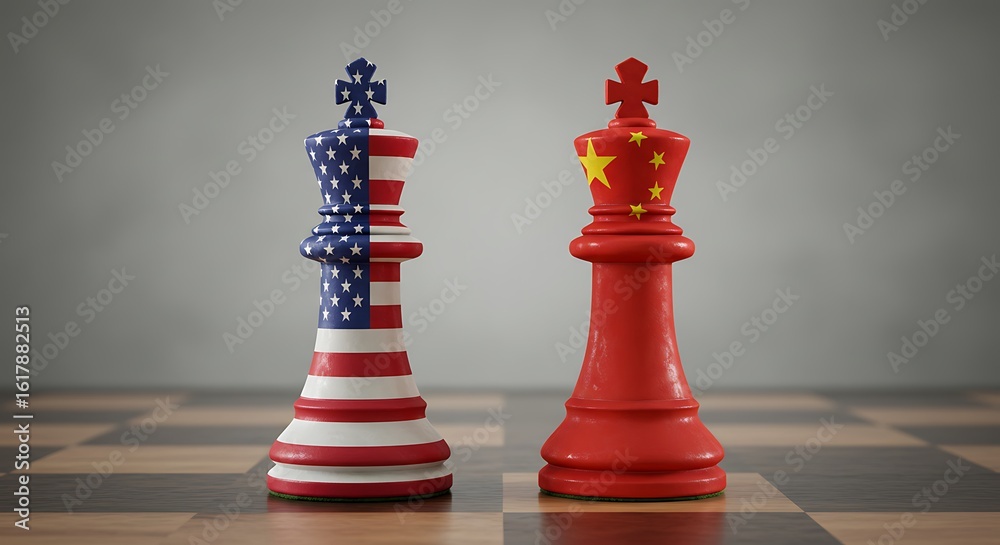 Fototapeta premium USA versus China geopolitical chess kings on chessboard representing conflict