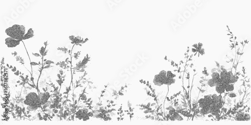 Black drawing of a field of flowers. Grainy black sketch with bold threshold edges and photocopy texture, gritty halftone detail.