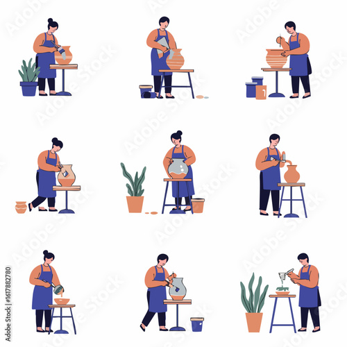 Illustrated process of a woman crafting ceramic pottery, showcasing various steps from shaping clay to painting and glazing a finished vase.