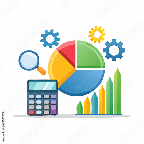 Flat vector icon set of financial analysis tools, including calculator, growth chart, magnifying glass, and pie chart, bright and clean colors