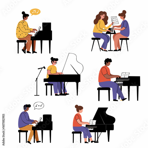 Set of illustrations depicting men and women of various ages enjoying piano playing, from practicing and learning to performing music.