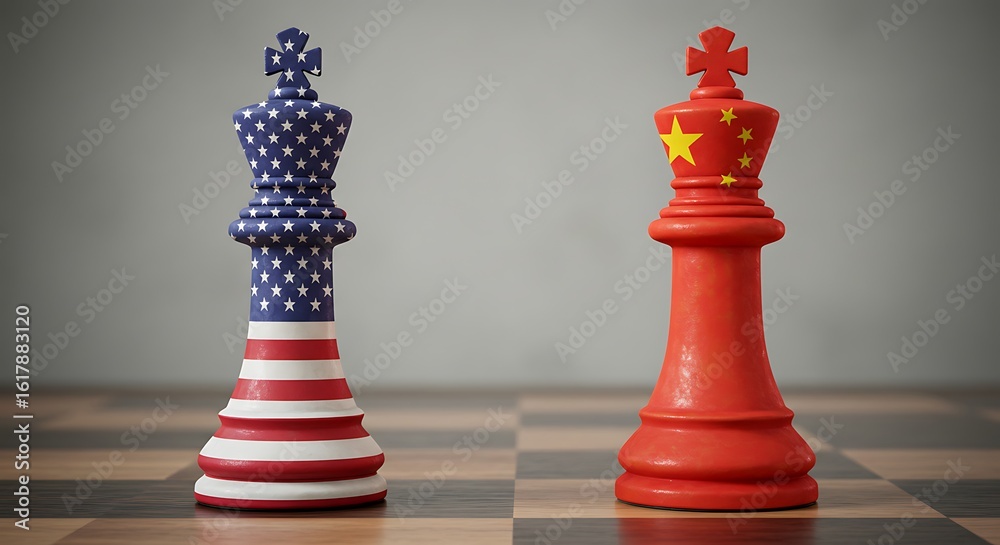 Naklejka premium USA versus China political tension shown by chess kings
