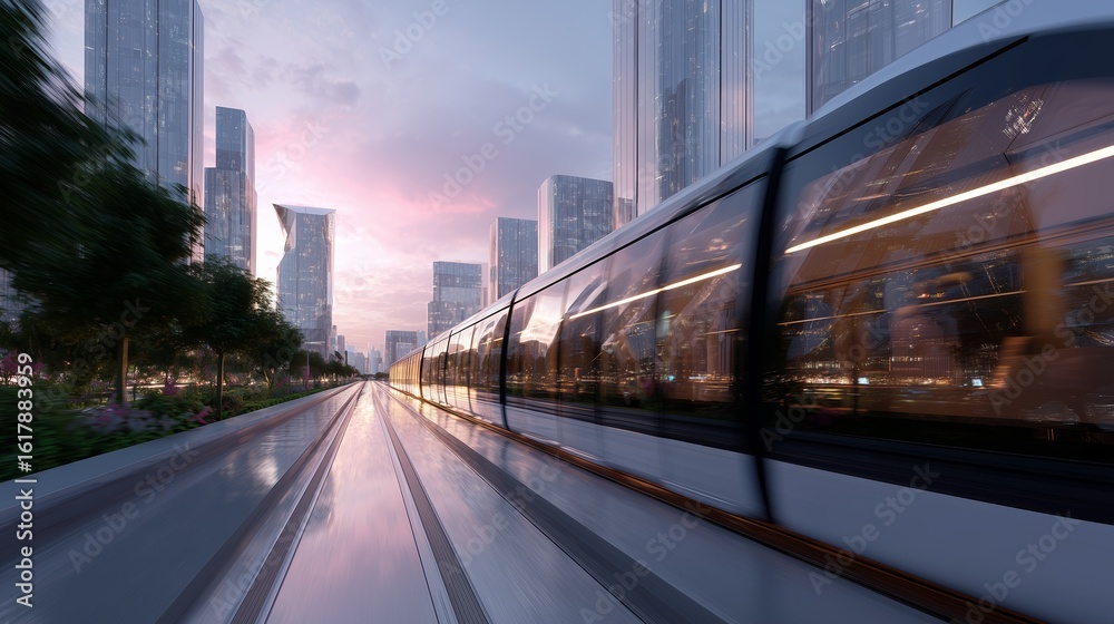 Fototapeta premium Modern urban train travels along futuristic cityscape at twilight