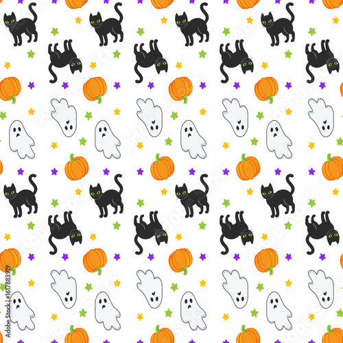 Cute halloween seamless pattern background. Pumpkin with witch hat, black cat, ghost and bats on purple background.