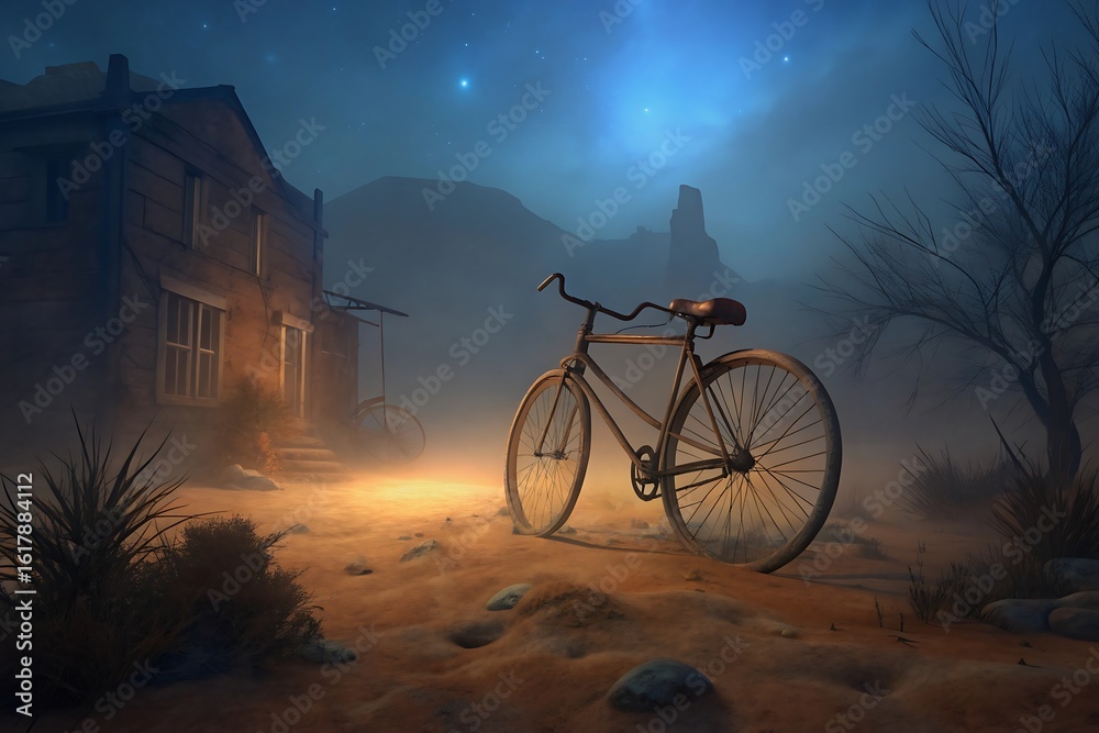 Obraz premium Vintage bicycle bathed in ethereal moonlight on a dusty path beside an old building