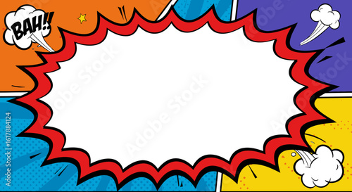 Dynamic Comic Book Explosion Frame with Vibrant Colors and Retro Style