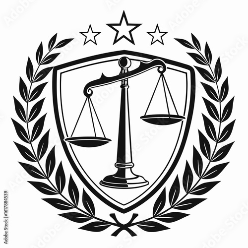 Justice icon with scale, star, and laurel wreath standing for fairness, law, power, truth, order, harmony, strength, respect, loyalty, unity, courage, and dignity.