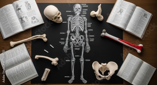 Fotografi Anatomy study with a human skeleton diagram, model bones, a skull, and medical textbooks
