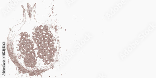 Red pattern with a pomegranate fruit. Aged monochrome artwork with stippled sand grain, distressed ink blotches, noisy texture effect.