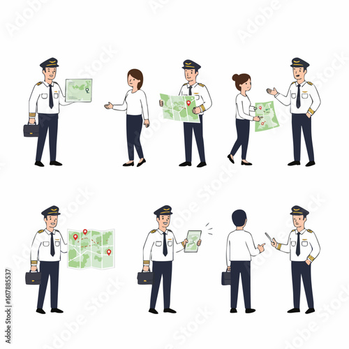 Pilots and civilians illustrating travel planning and navigation through map and device interaction.
