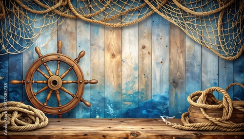 Wooden ship's wheel, ropes, nets on blue painted wood